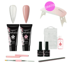 Cargar imagen en el visor de la galería, KIT Perfect - 2 colores de Polygel, Base y Top Coat, herramientas indispensables y una LAMPARA de 🎁 REGALO! Todo en una bolsita de algodón hermosa