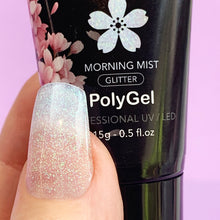 Cargar imagen en el visor de la galería, Zekaio Polygel - Morning Mist - Mini Glitter Holográfico con base transparente y glitter tonos blanco, verde y rosa