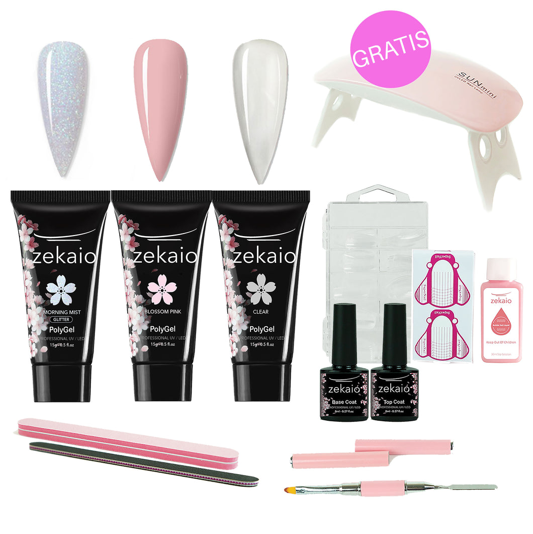 COMBO IDEAL - Elige tu combinación de 3 colores de Polygel. Incluye Herramientas y LAMPARA UV/LED de 🎁 REGALO! Todo en una bolsita de algodón hermosa