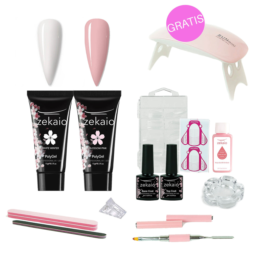 KIT French - 2 colores de Polygel, Set de Herramientas y una LAMPARA UV/LED de 🎁 REGALO!  Todo en una bolsita de algodón orgánico hermosa