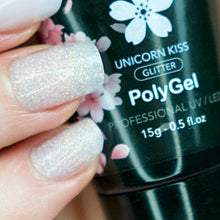 Cargar imagen en el visor de la galería, Zekaio Polygel - Unicorn Kiss - Mini Glitter Holográfico con base transparente y glitter tonos rosas, celestes y dorado
